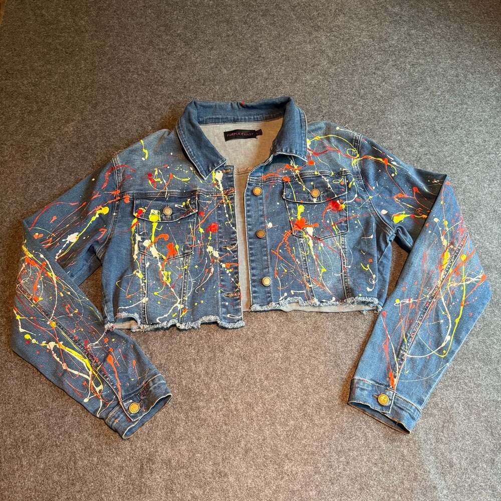 Purple Candy Womens Juniors Paint Splatter Cropped Raw Hem Denim Jacket